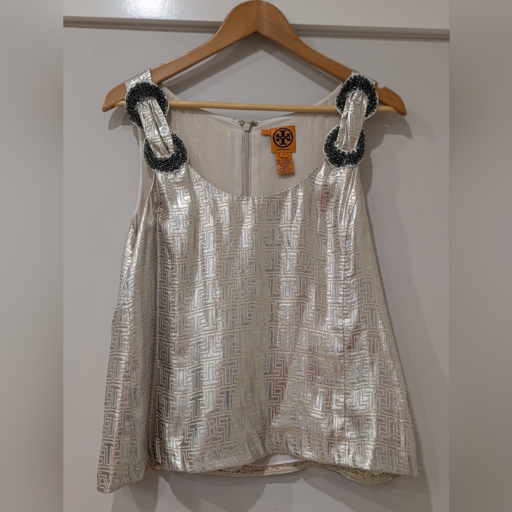 Tory Burch Gold Metallic Silk Sleeveless Beaded Top Size 10